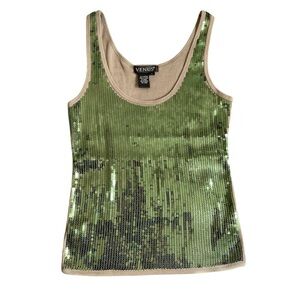 VENUS Green Sequin Tank Top Womens Medium Beige Trim
